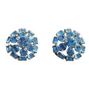 Blue Faceted Crystal Clip On Earrings Prong Set Cluster Round 1940s VTG Jewelry